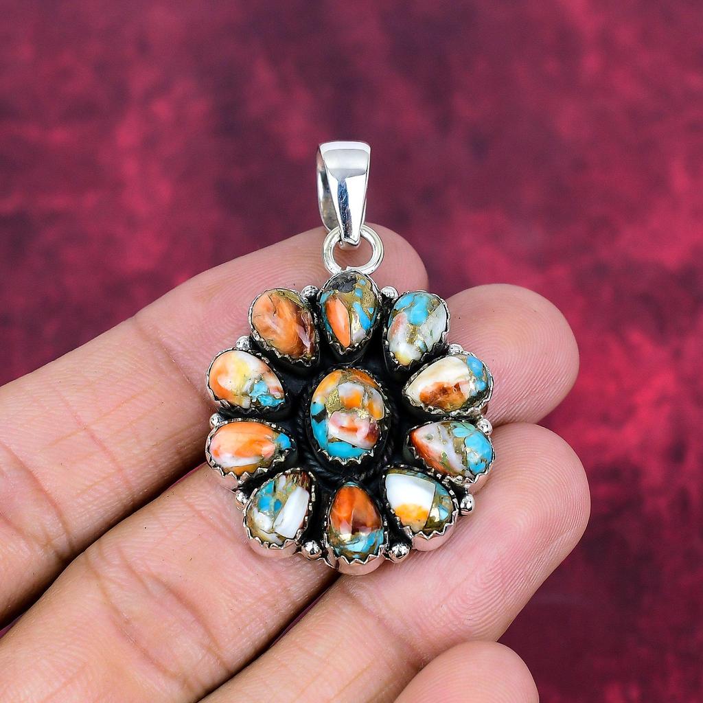 Anhänger mit Orangefarbener Stachelmuschel, 925 Sterlingsilber Edelsteinschmuck, Handgefertigter Anhänger Fantastischer Schmuck, Geschenk für Sie