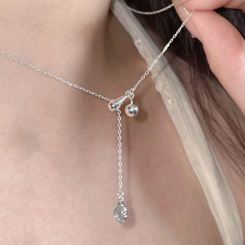 Blue Water Drop Fringed Necklace Women's New Cold Titanium Steel Non-fading Collarbone Chain Jewelry