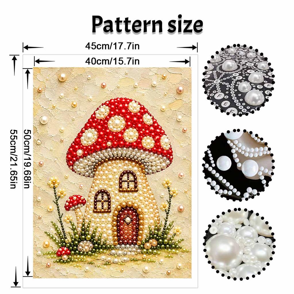 Mushroom House Pearl Art Kit with Frame 3D Sparkling Bead Canvas Relaxing Craft for Cozy Room Wall Decor, Elegant DIY Pearl Painting Home Art