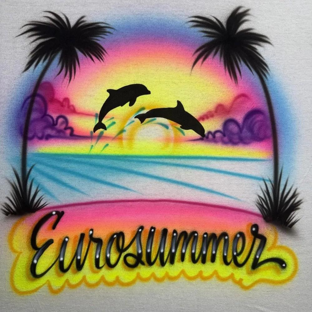 

Eurosummer Airbrush Shirt — Beach Sunset Palm Trees amp Dolphin Unisex T-Shirt M