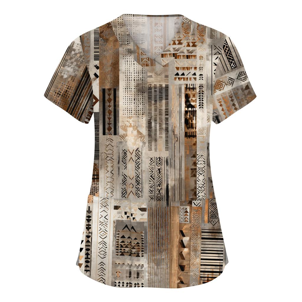 Damesmode werkkleding met V-hals, korte mouwen en bedrukte zakken