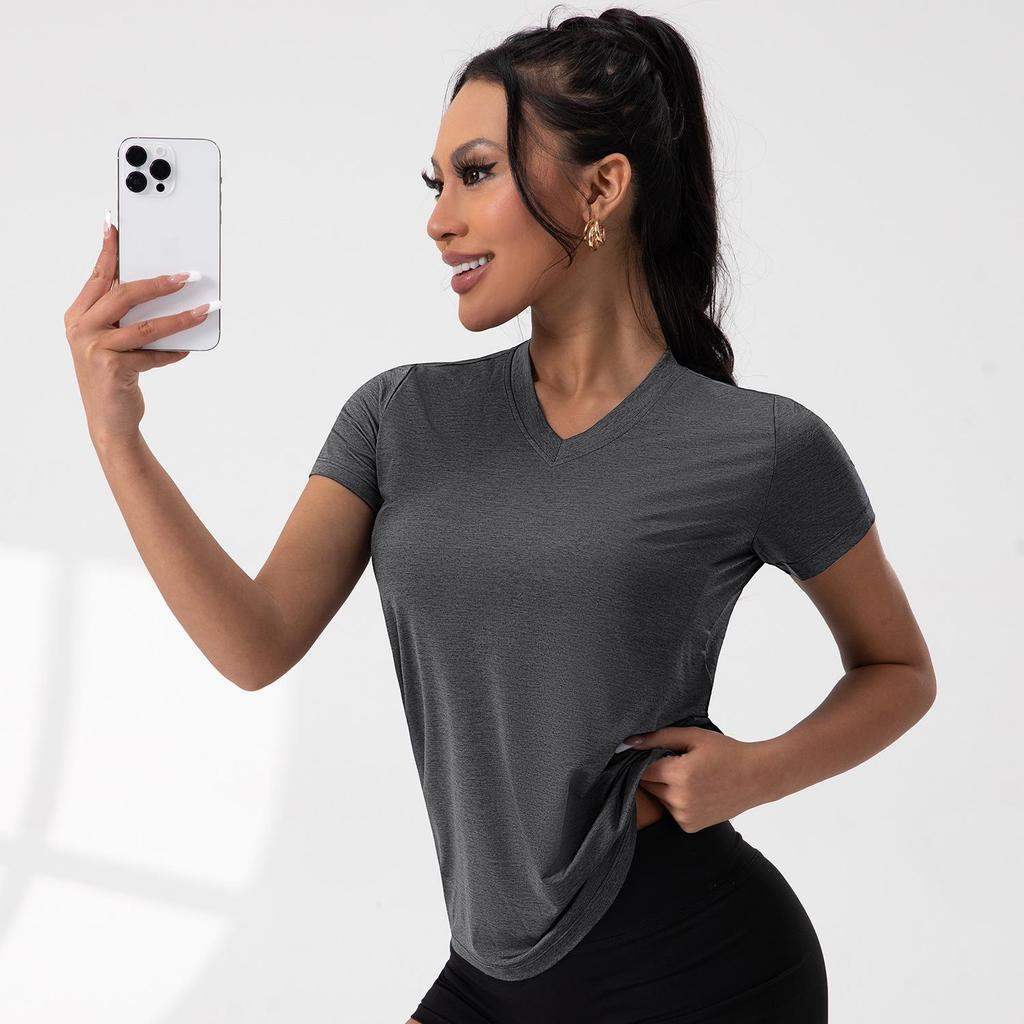 2025 Women's Sporty Casual V-Neck Short-Sleeve Solid Color Yoga Pullover Top