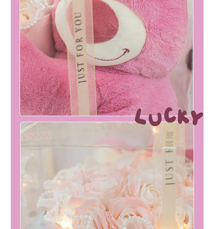 Strawberry Bear Doll & Preserved Rose Bouquet - Soap Flower Gift for Girlfriend