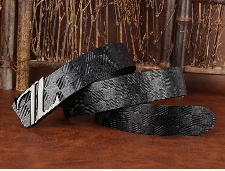 Men's Plaid Cowhide Belt with Stainless Steel Smooth Buckle