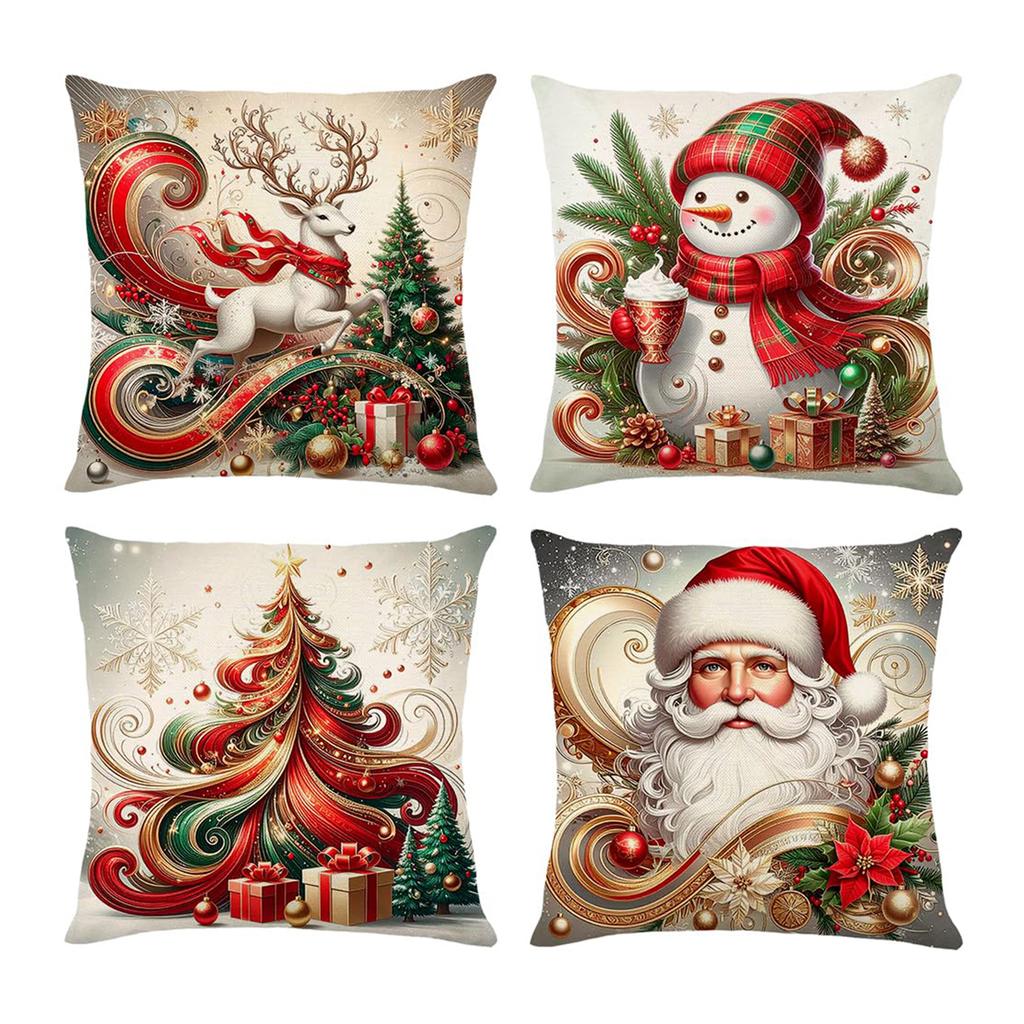 4Pcs Christmas Themed Pillow Case Washable Soft Cushion Sleeve Reindeer Pattern Snowman Printed Cushion Cover for Outdoor Couch