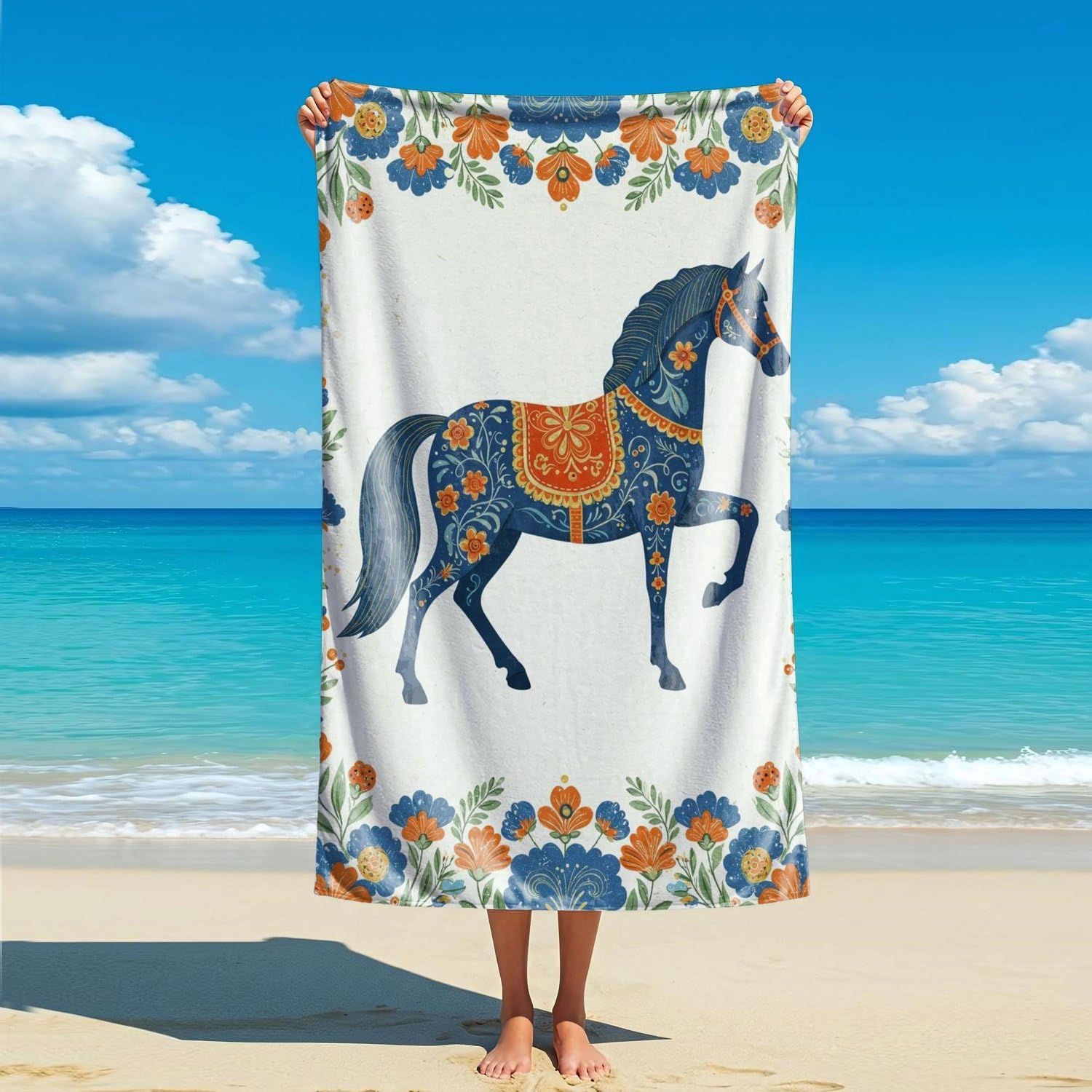 

Creative Animal Floral Print Beach Towel, White Horse Deer Bear Pattern Quick Dry Bath Towel, Bohemian Soft Travel Blanket W30*H60(CM)