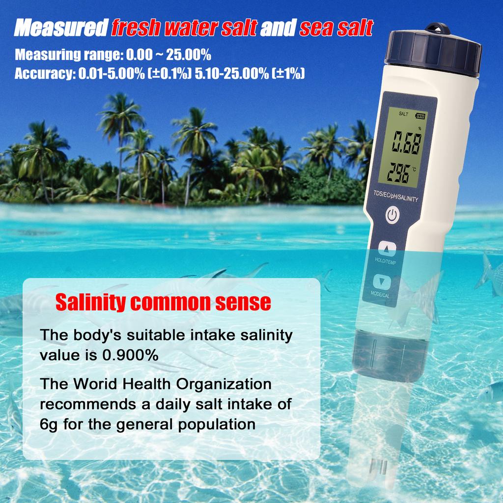 EZ-9909 5-v-1 tester PH/EC/TDS/slanost/teploměr přenosný tester kvality vody bez podsvícení s baterií