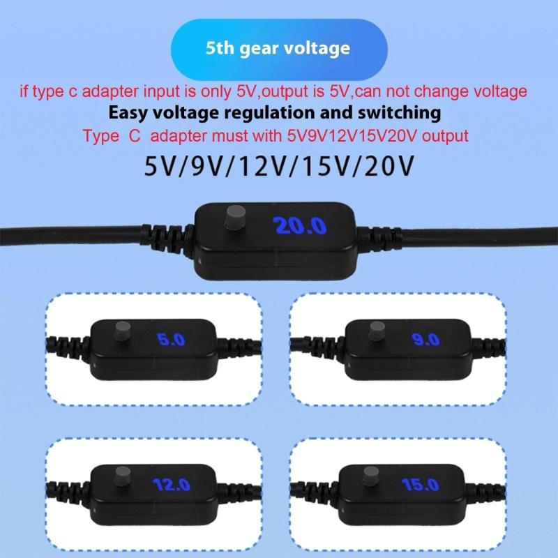 Type C To 5.5x2.5mm Charging Wire With Digital Display 5V 9V 12V 15V 20V Adjustable with 3.5mm Connector for Electronic