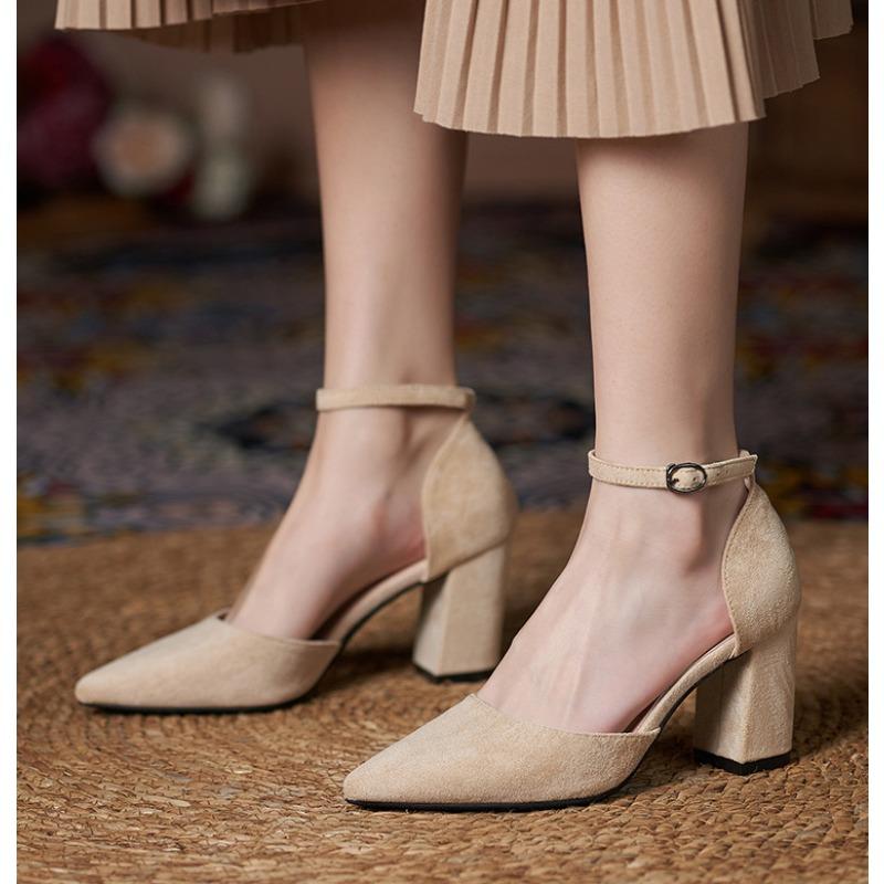 31-44 Women Pumps Fashion Black High Heels Shoes Flock Pointed Sandals Summer New Party Thick Heel Shoes Ladies Wedding Shoes