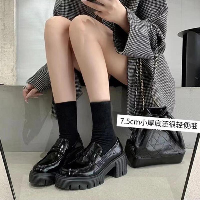 Sheepskin Version~ Genuine Leather Glossy Black Loafers Women's Thick Heel Thick Sole Small Height Increase with Skirt Jk Small Leather Shoes