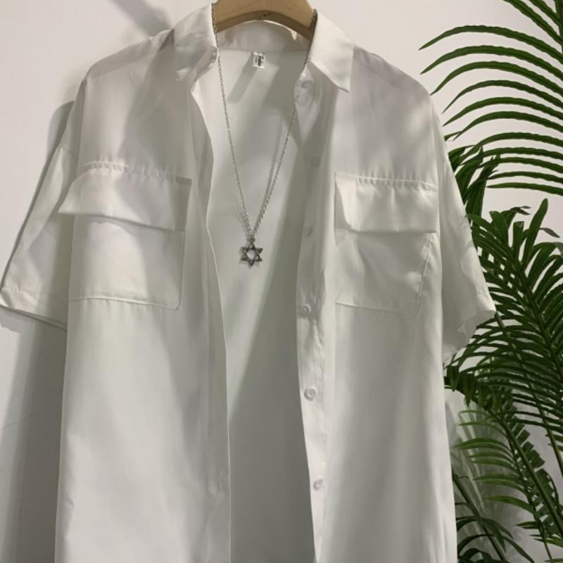 

Рубашка с украшением в виде ожерелья для женщин, летняя блузка с карманами, свободная, с коротким рукавом, отложным воротником, в стиле преппи XL белый