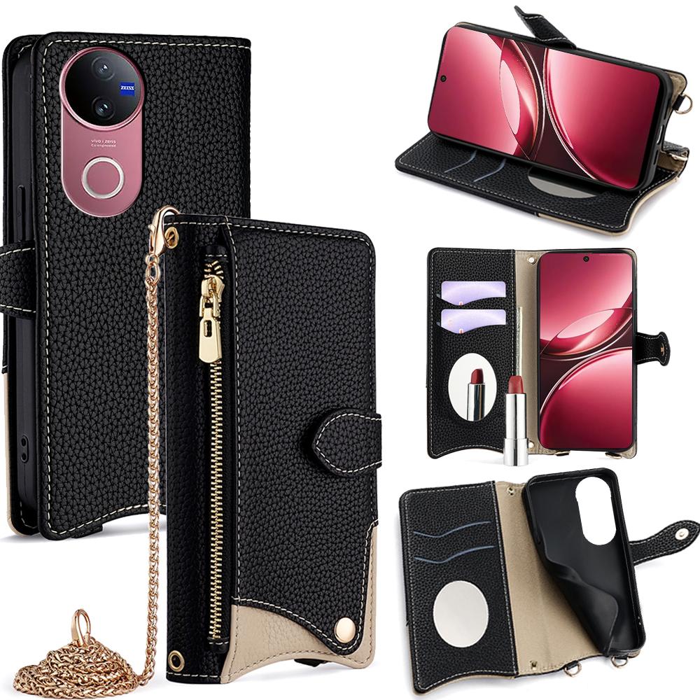 For vivo V50 5G Wallet Case Fishtail Design Leather Phone Cover with Mirror/Stand/Strap
