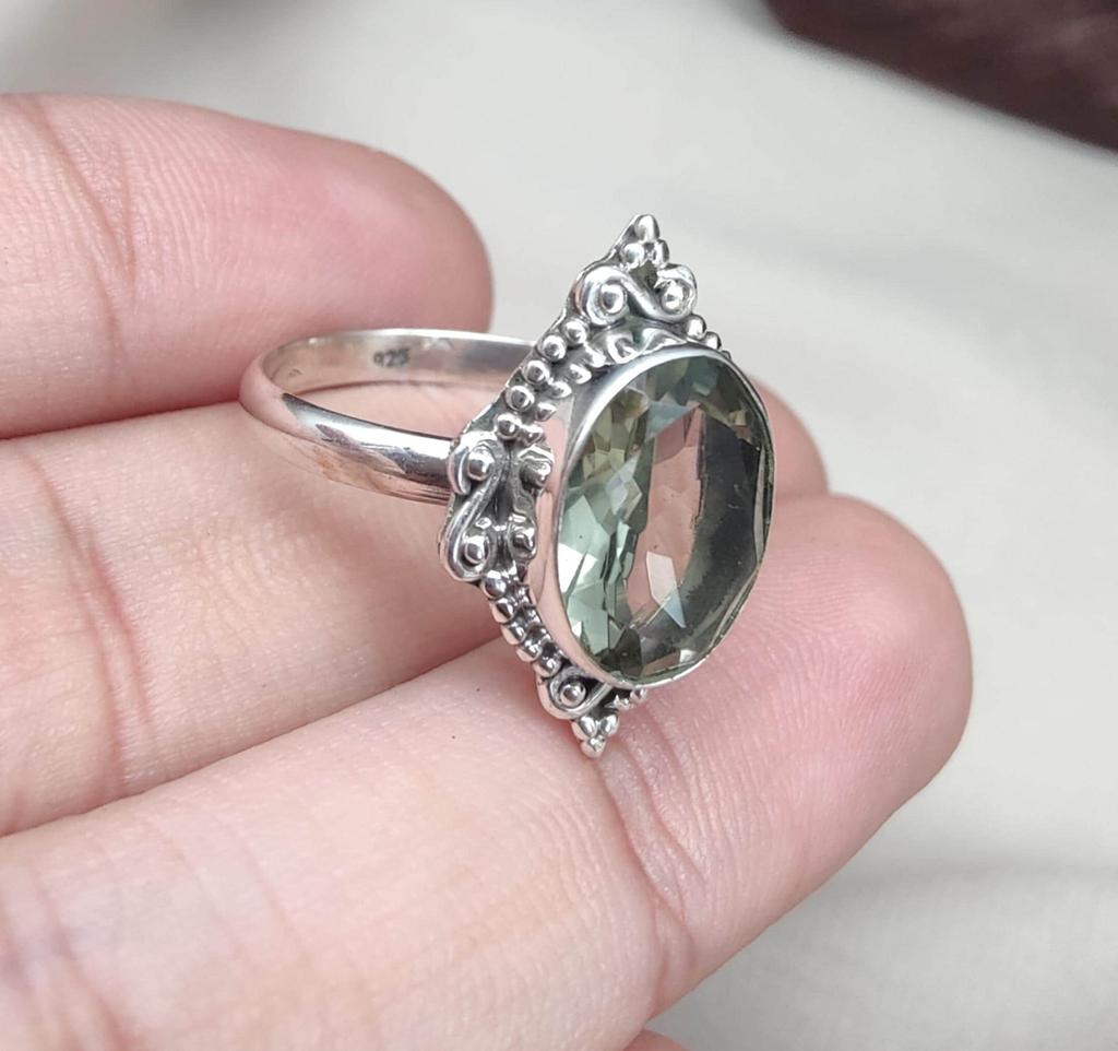Green Amethyst 925 Sterling Silver Ring: Faceted Oval, Boho Statement Ring
