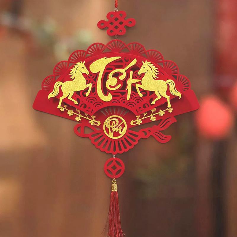 1PC Blessing Good Fortune Vietnamese Luck Red Lunar New Year Hangable Decor Fan Ornament Vietnamese Letters Tassels