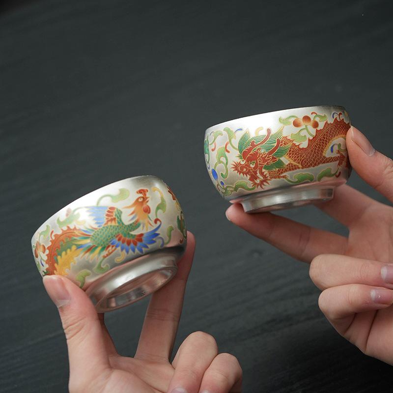 Gold Thread Enamel Gilded Sterling Silver Tea Cup: Auspicious Dragon and Phoenix Design - Creative Gift Set.