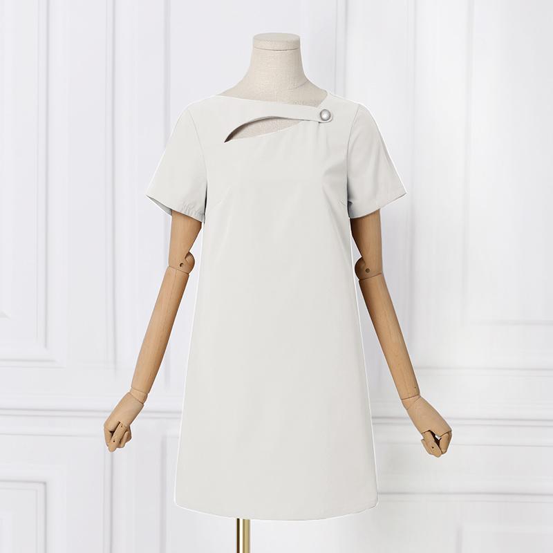 VONDA Ladies Summer Round Neck Short Sleeve Slit Pearl Button Straight Solid Colour Short Dresses