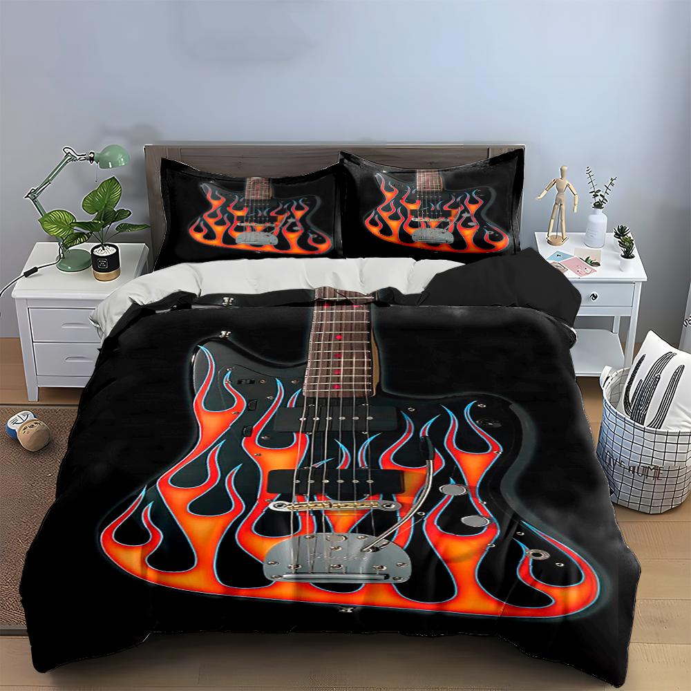 Guitar with Flame Print Bedding Set Bedding set (1 duvet cover, 2 pillowcases, duvet not included)