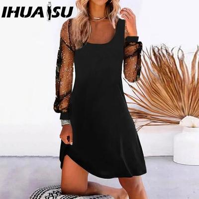 Women's Fashion Spring Autumn Solid Color Print Long Sleeve U-Neck High Waist Casual Dresses