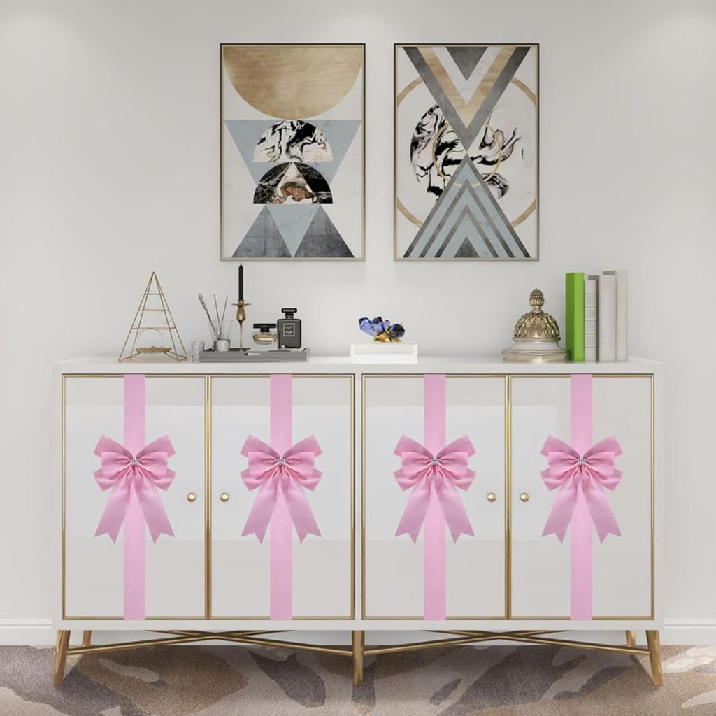 6 Pcs Pink Cabinet Bows Large Pink Velvet Ribbons Easter Cabinet Door Spring Bows for Easter Birthday Wedding Spring Christmas Party (Pink)