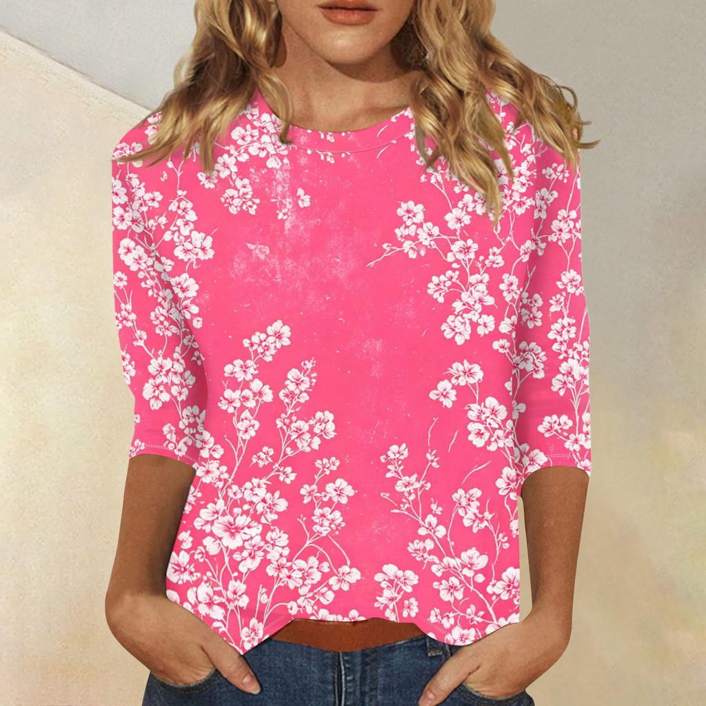 Damen Casual Blumenmuster Dreiviertelarm Rundhalsausschnitt Oberteil Leicht Bequem Sitzend Weicher Stoff Bluse für den Alltag