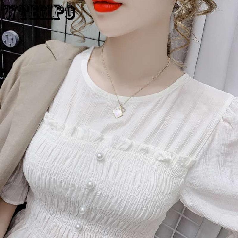 WTEMPO Chemises en mousseline de soie unie pour femmes, coupe ajustée, manches courtes bouffantes, polyvalentes, style streetwear, été