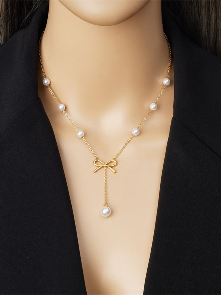 316L Stainless Steel Pearl Bowknot Chain Tassel Necklace Earrings Set For Women Lady Fashion New Jewelry Party Wedding Gifts