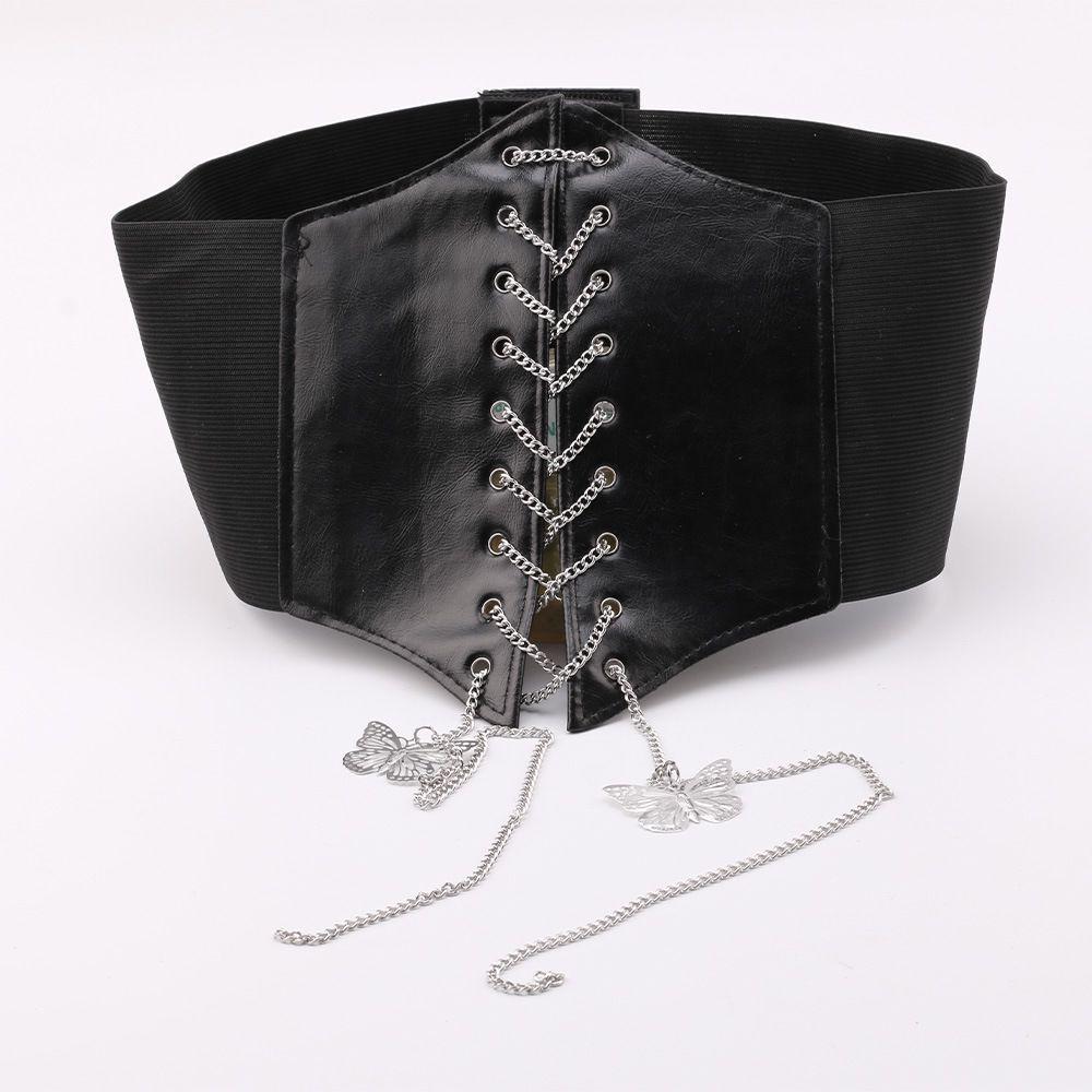 Women's Wide Corset Waistband with Tie-up Bow and Chain Embroidery