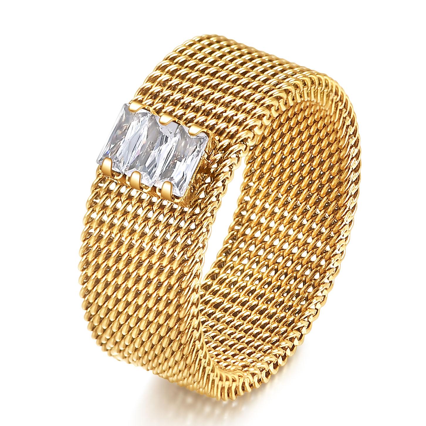 Stainless Steel 8MM Mesh Diamond Inlaid Ring with Wide Titanium Steel Band 6 золотой