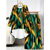 Geometric Pattern Print Two Piece Outfit Women Long Sleeve Irregular Hem Tunic Top Wide Leg Pants Casual Matching Set