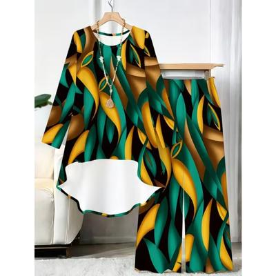 Geometric Pattern Print Two Piece Outfit Women Long Sleeve Irregular Hem Tunic Top Wide Leg Pants Casual Matching Set