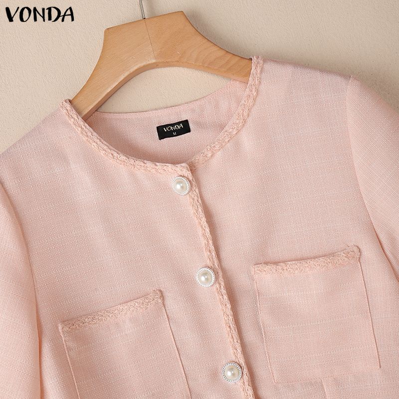 VONDA Elegant Women Short Sleeve Texture Hem Patchwork Buttons Casual Cropped Blouse Tops