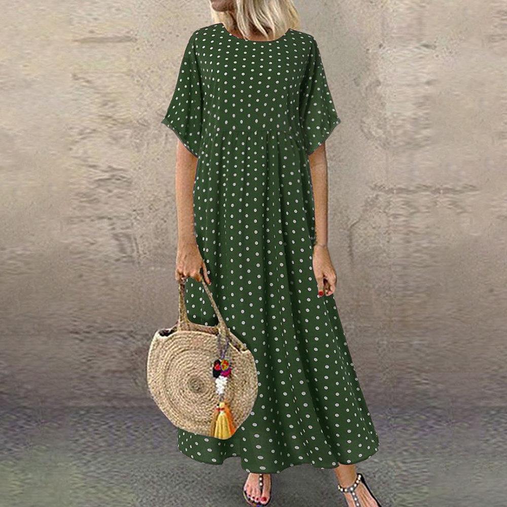 2025 Polka Dot Dress Summer New Round Neck Short Sleeved Large Swing Skirt Loose Slimming Long Skirt Women's Clothing