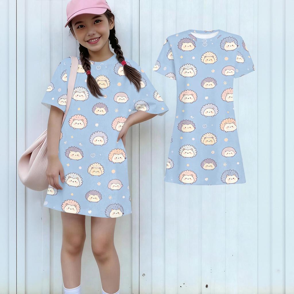Girls Animal Print Dress Loose Fit Short Sleeve Round Neck Lightweight Summer Dress for Kids Casual Wear