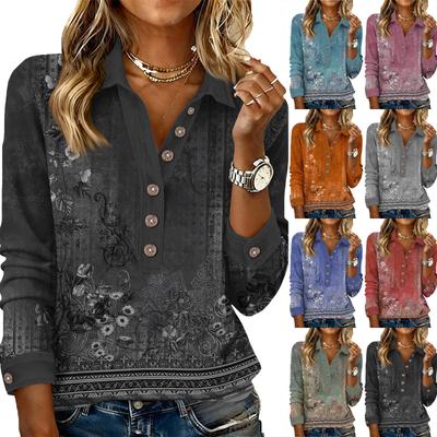Women's Fashionable and Relaxed V,neck Long,sleeved Button,down Retro Print Pullover Top