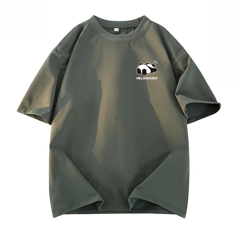 Sommerliches Baumwoll-T-Shirt mit lockerem Schnitt, Panda-Grafikdruck und Fünf-Minuten-Ärmeln