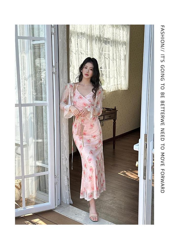Thirteenth Line French Floral Camellia Spaghetti Strap Dress Set