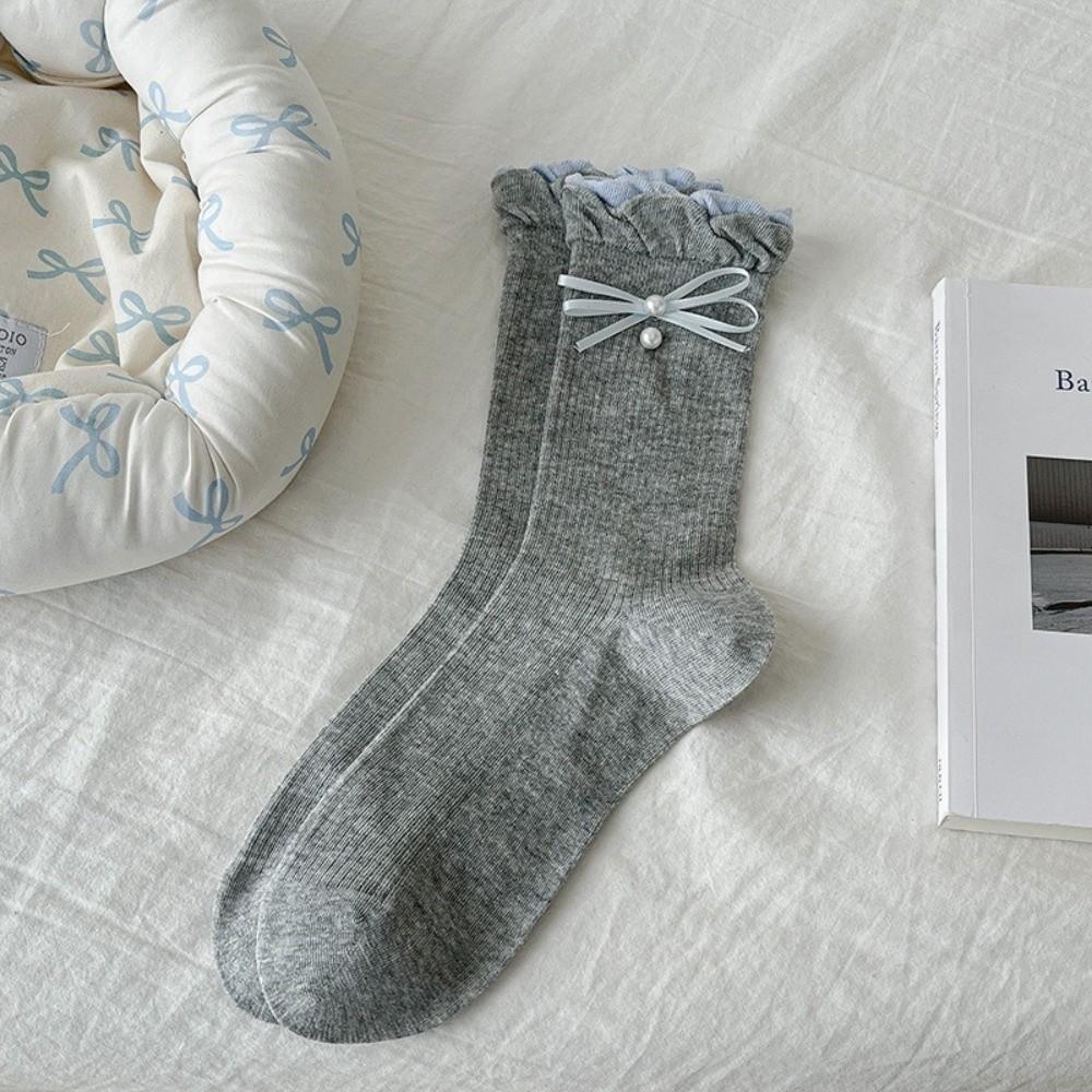 Cute Bow Socks Sweat Absorption Ruffle Socking New Mid Tube Socks  Spring and Autumn