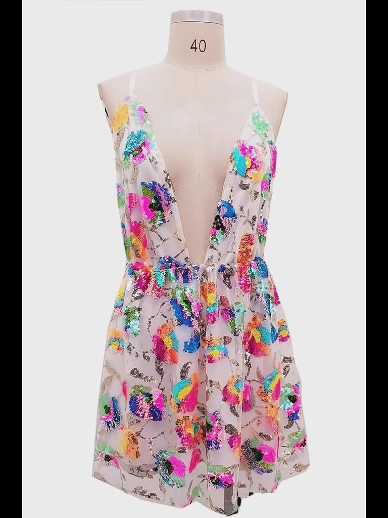 2023 Sexy šaty pro ženy s hlubokým výstřihem do V, bez zad, se flitry a květinovou šněrovačkou