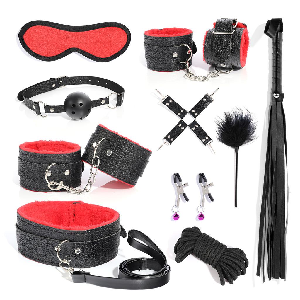 BDSM Bondage Bundle Set Leather Plush Blindfold Handcuffs Whip Nipple Clip Adult Sex Toys Women Erotic Restraint Game Kit