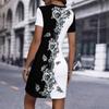Fashion Womens Loose Colorful Rose Pattern Print O Neck Short Sleeve Loose Streetwear A-line Dress