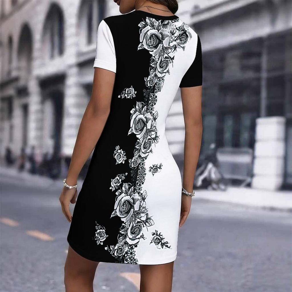 Fashion Womens Loose Colorful Rose Pattern Print O Neck Short Sleeve Loose Streetwear A-line Dress