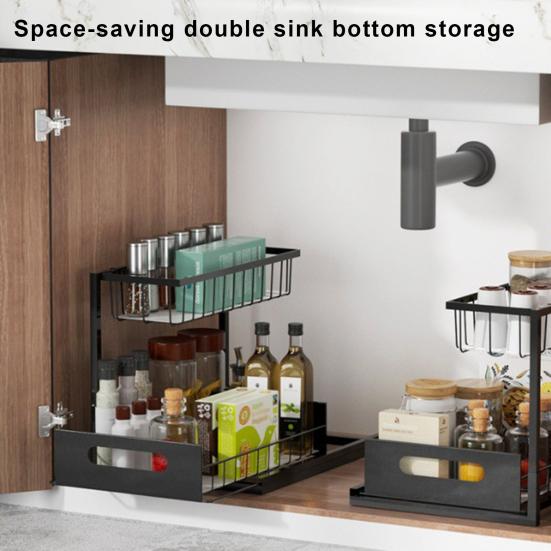 Köksförvaringsställ Flerfunktions tvåvånings högt staket under diskbänken Organizer Badrum Utdragbart skåp Kryddor Burkar Förvaringshylla