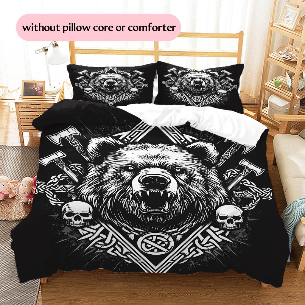 Wikinger-Krieger Muster Bettwäsche Steppdecke Set Bettbezug Kissenbezug Heimdekoration Geschenk (1 Bettbezug + 2 Kissenbezüge, ohne Füllung)