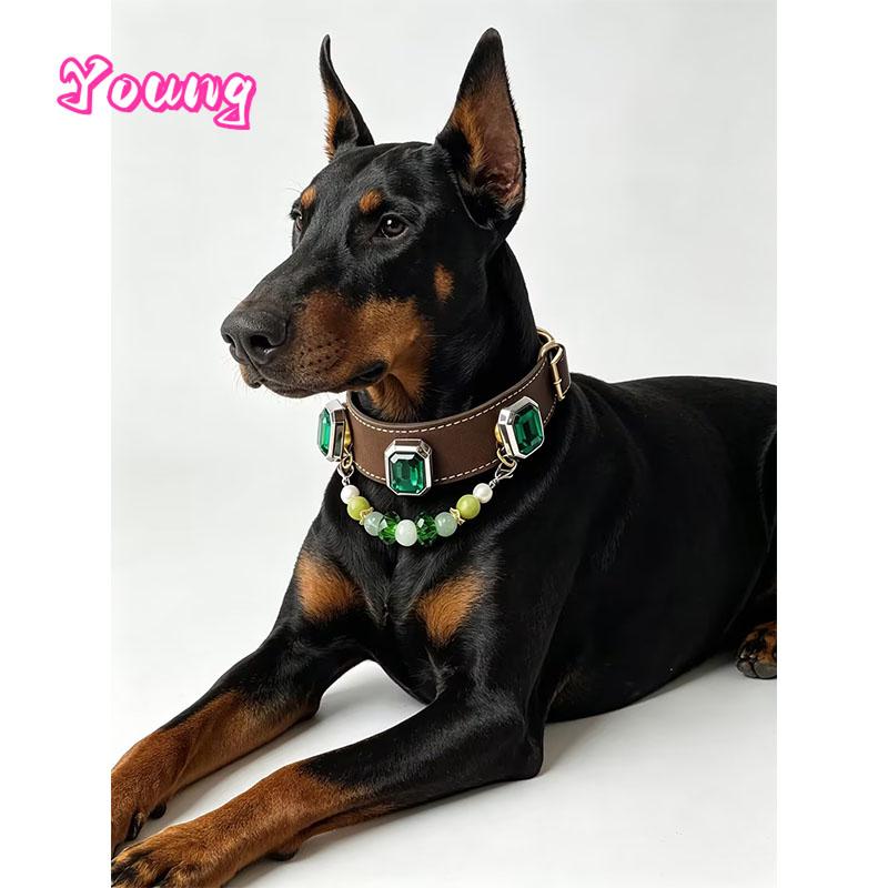 Leather Dog Collar with Detachable Natural Gemstone Charm – Green Fluorite Xiu Jade & Pearl Beaded Pet Necklace Padded Collar