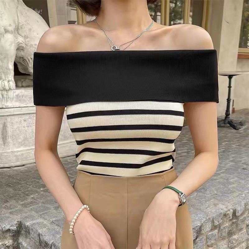 Striped Off Shoulder Sweater For Women With Slim Fit Short Sleeve Knit Top