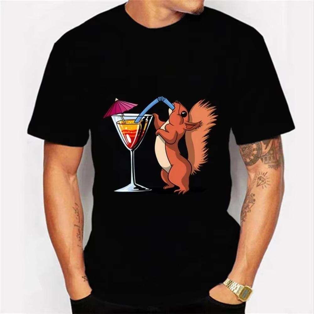 New Trendy Men T-shirt Squirrel Drinking Cocktail Funny Party Men Oversized T-shirts Short Sleeve Tops Summer Fashion Tshirts