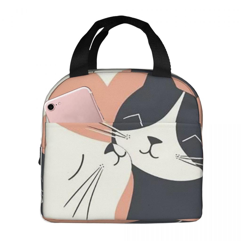 Cartoon Black White Cat Print Insulated Lunch Bag for Women Kids Leakproof Food Boxes Thermal Lunch Box Tote