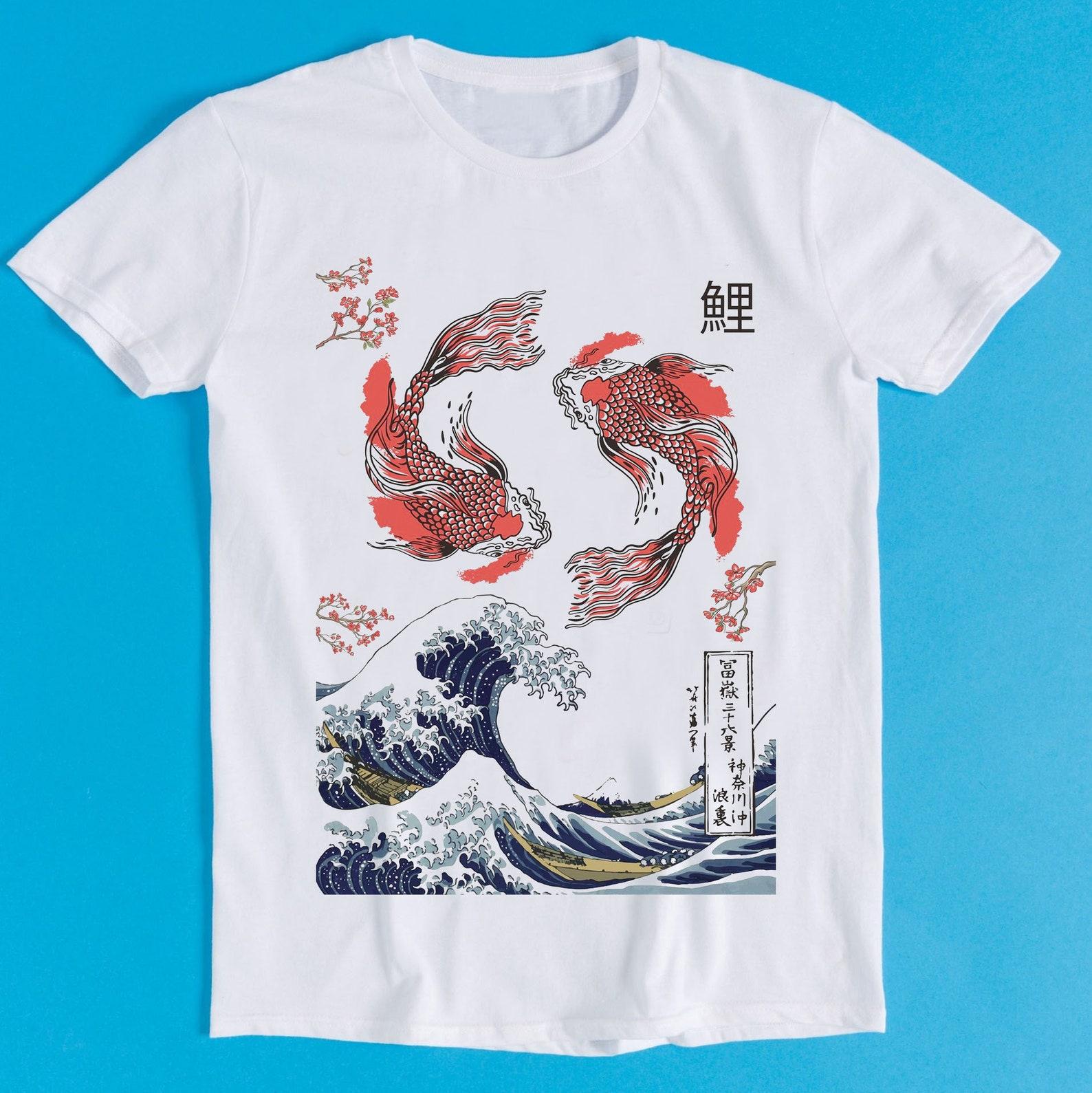 Yin Yang The Great Wave Off Koi Fish Japanese Art Drawing Gamer Cult Meme Movie Music Cool Gift Tee T-Shirt K1091 4XL