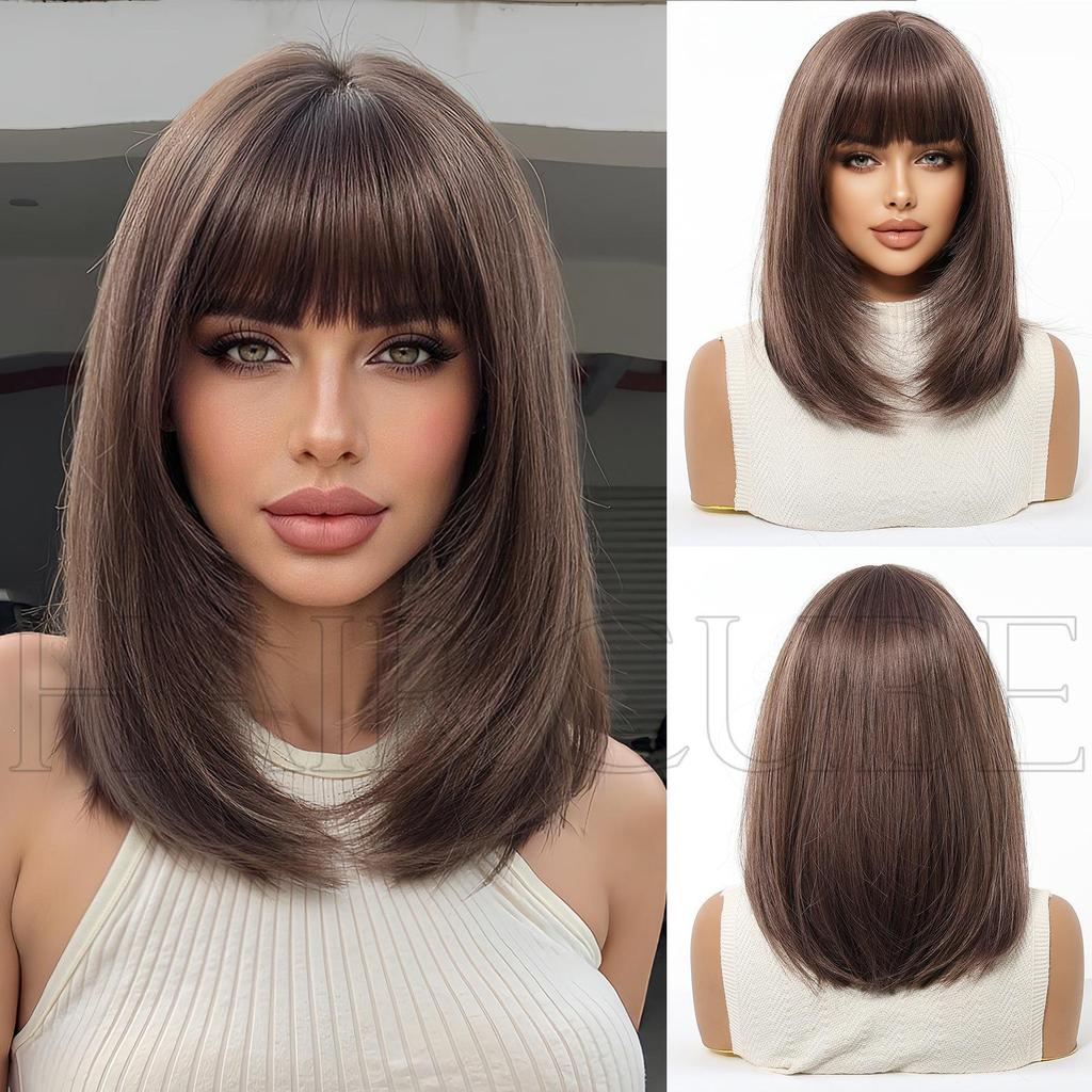 European Style Brown Medium Long Wig with Full Bangs for Women - High-Temperature Fiber