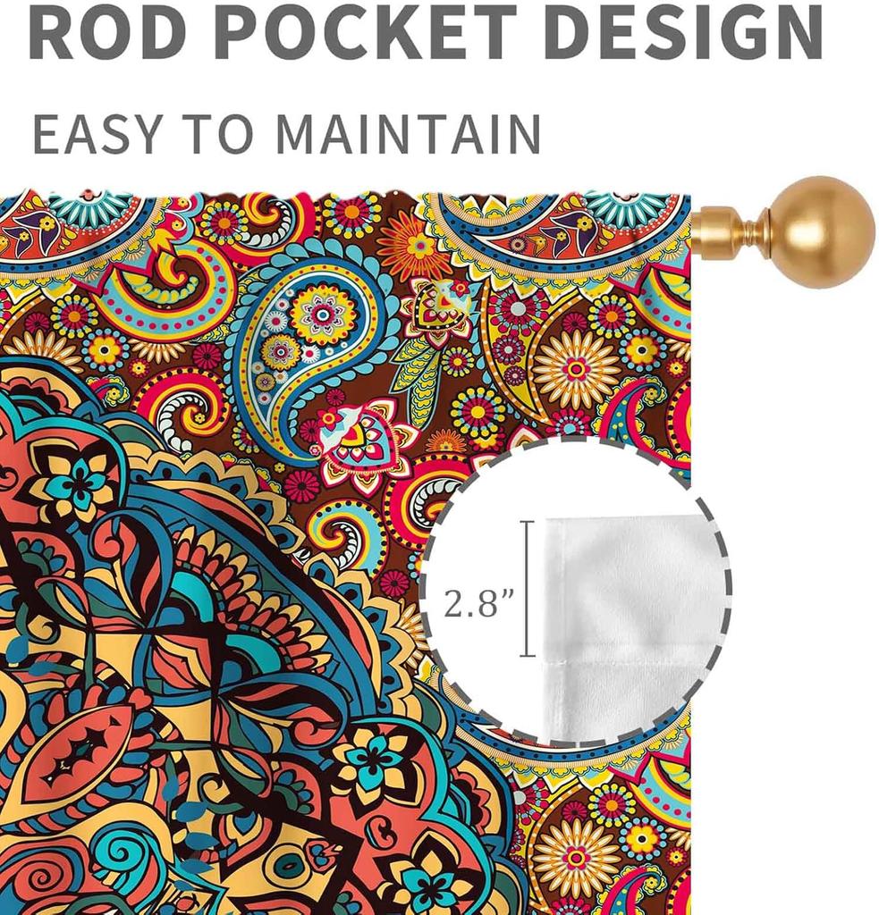 Hippie Mandala Vorhänge, Indisches Medaillon Trippy Boho Paisley Ästhetische Kunst Dekoration Bunte Orange Fensterbehandlung Für